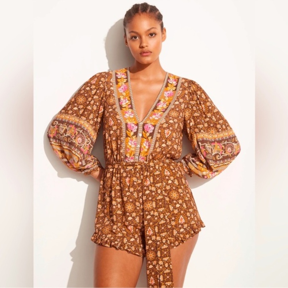Spell & The Gypsy Madame Peacock Romper Boho Floral Brown Pink Long Sleeve